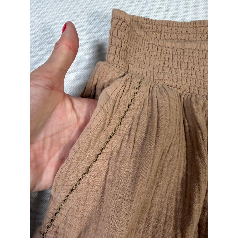 Aerie Wide Leg Gauze Pants Brown Smocked Waist Slit Pockets Small Petite - Picture 7 of 10